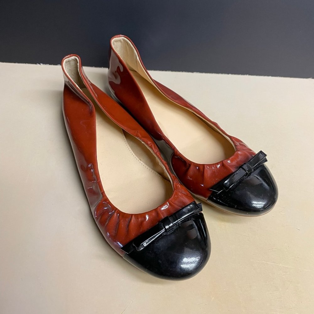 J.Crew Flats Leather Patent Bowtie Red Brown Black 9.5W